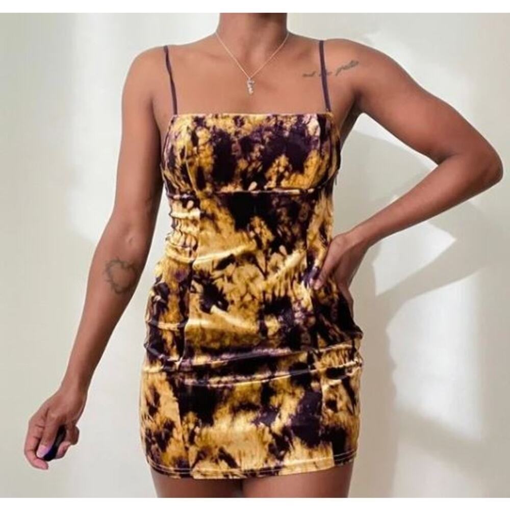Urban Outfitters Size Small Velvet Mini Sheath Dress Gold Purple Strappy Stretch